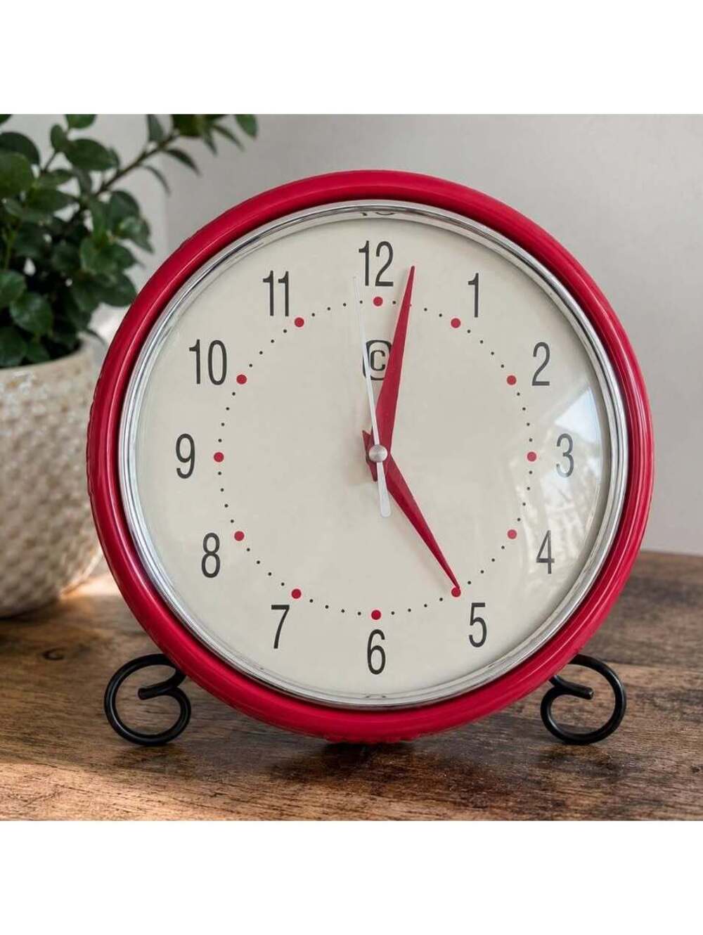 Vintage Red Round Table Clock with Black Metal Stand